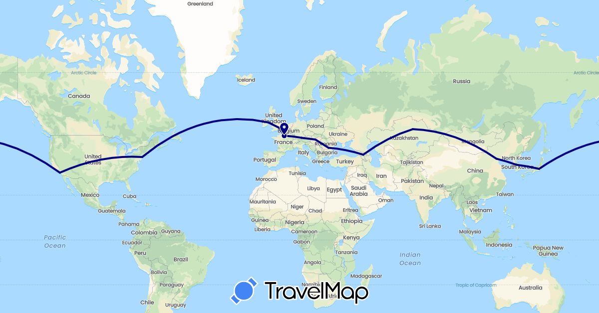 TravelMap itinerary: driving in China, Germany, France, United Kingdom, Georgia, Hungary, Ireland, Japan, South Korea, Kazakhstan, Romania, United States (Asia, Europe, North America)